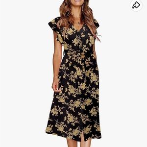MITILLY Women's Flutter Sleeve V Neck Button Down Swing Midi Dress with Pockets
